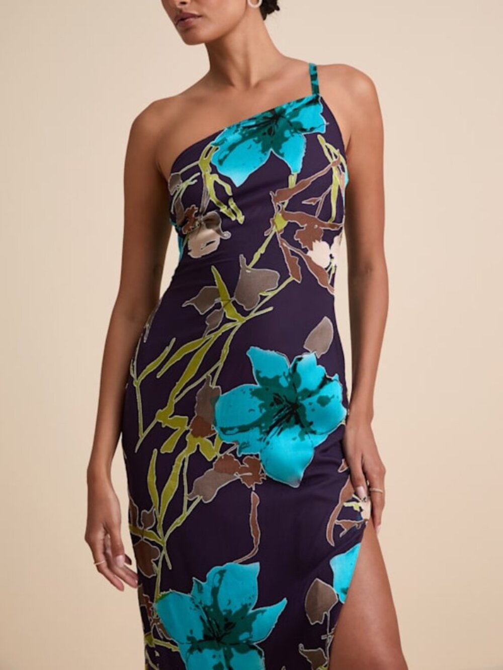 Lulus Elzina Plum Floral Satin Asymmetrical Midi Dress Purple - Size M
